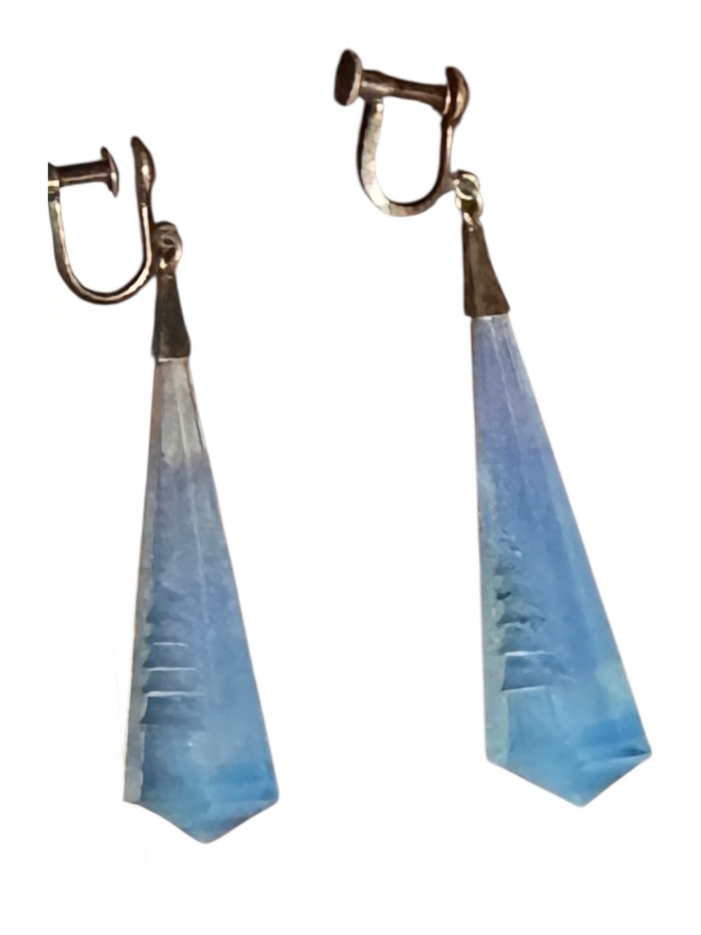 Vintage Art Deco Silver Opalite Glass Prism Screw Back Earrings Etched Faceted